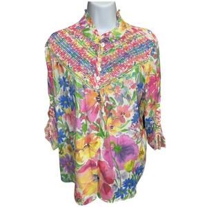 John Mark PL Pink Floral Embroider Smock Bodice Ruffles 3/4 Sleeves Petite Large